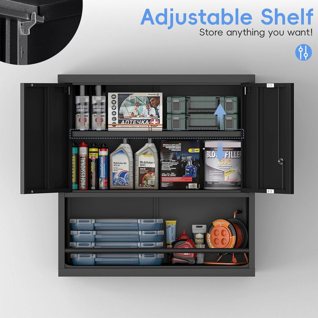 Locking Cabinet, Black Wall Storage Cabinet with Shelves, Hanging Cabinets with Open Storage, Small