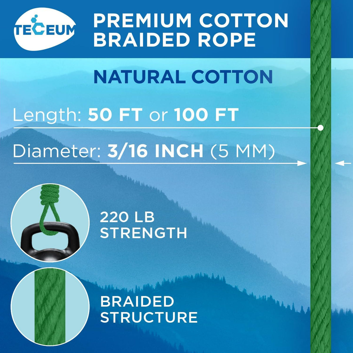 TECEUM Cotton Rope 3/16” (5 mm) – 50 FT – Strong All-Purpose Braided Rope – Natural Cotton – for