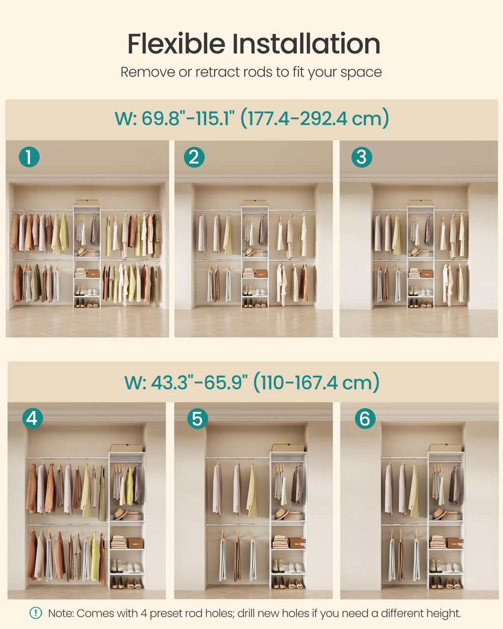 SONGMICS Closet System, Customizable Walk-In Closet Organizer System with Adjustable Hanging Rods