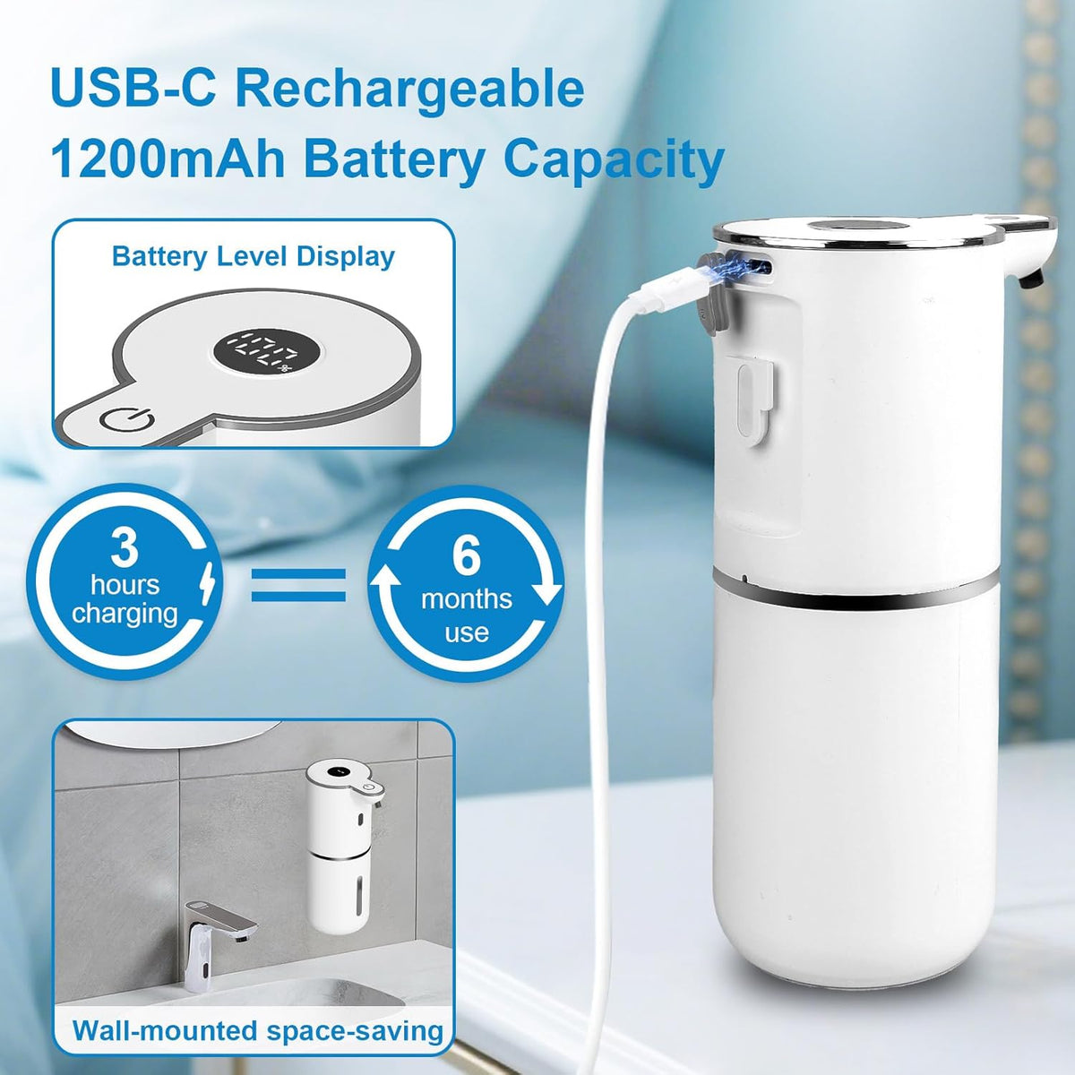 Automatic Foaming Soap Dispenser Touchless, USB Rechargeable Smart Hand Soap Dispenser, 6-Level