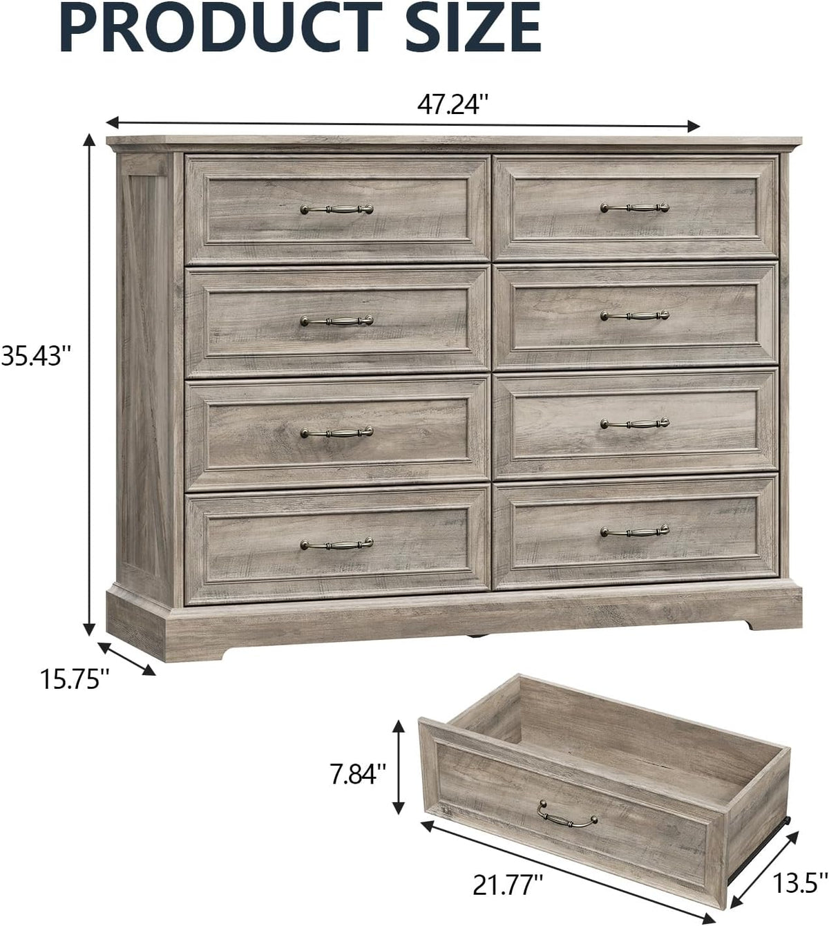 8 Drawer Dresser for Bedroom, 47" Wide Wooden Chest of Drawers, Rustic Farmhouse Dresser with Large