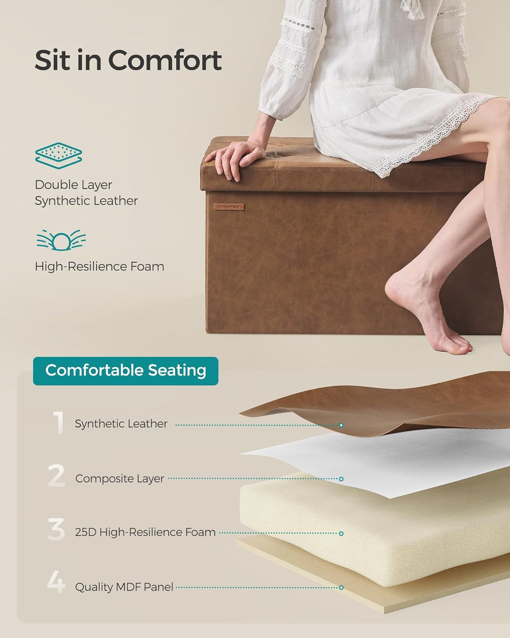 SONGMICS Mazie Collection - 30 Inches Folding Storage Ottoman Bench, Ottoman with Storage, Foot