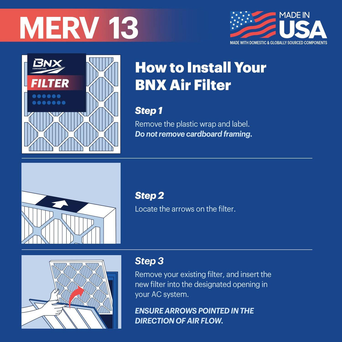 BNX TruFilter 16x24x1 Air Filter MERV 13 (4-Pack) - MADE IN USA - Electrostatic Pleated Air