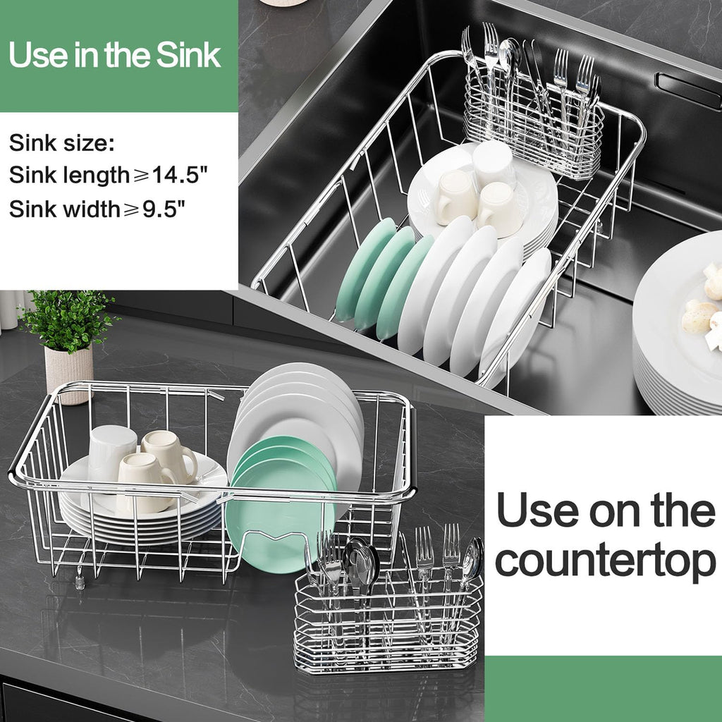 Dish Drainer Rack in Sink Adjustable, Expandable 304 Stainless Steel Metal Dish Drying Rack