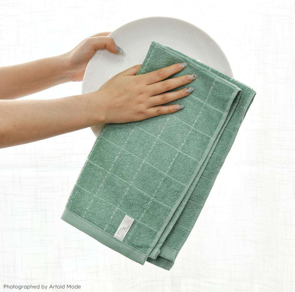 Artoid Mode Checkered Designed Cotton Dark Green Terry Kitchen Dish Towels, 15x25 Inch Soft