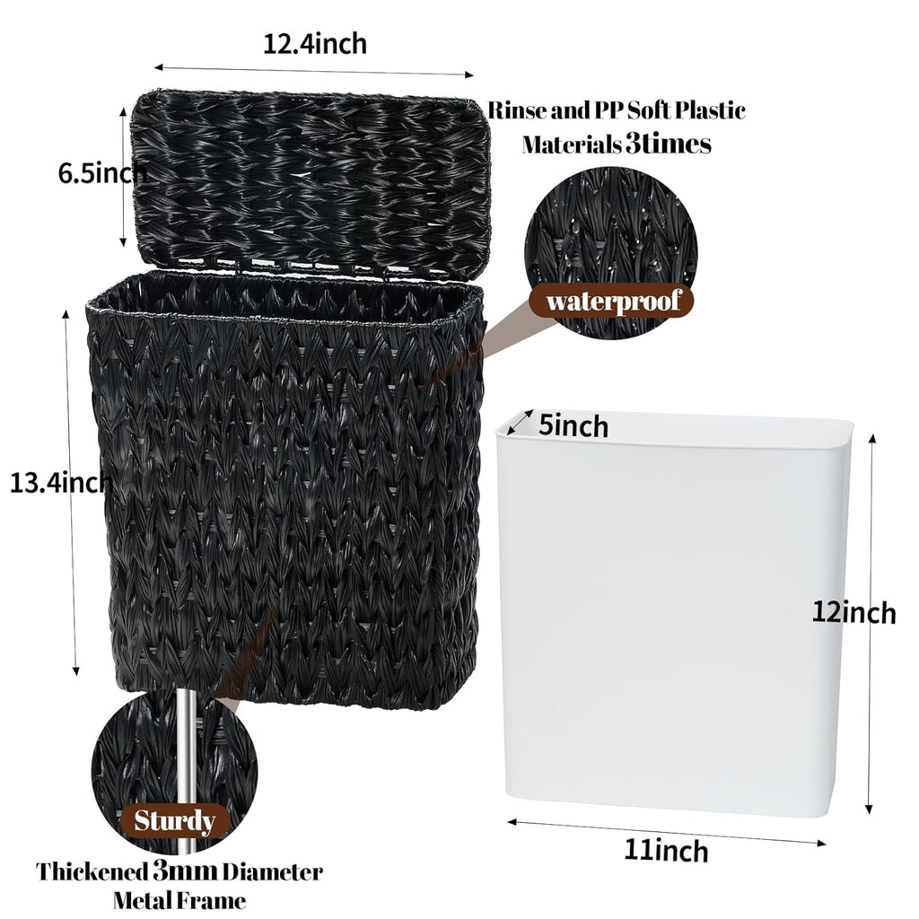Black Wicker Trash Can with Lid and Liner,Waterproof Narrow Waste Basket for