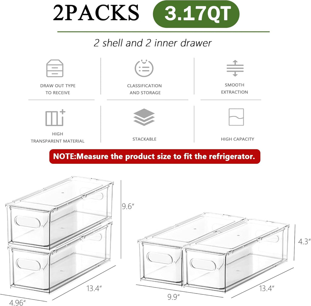 2 Pack Fridge Organizers and Storage with Pull out Drawer, Stackable Storage Drawer, Clear