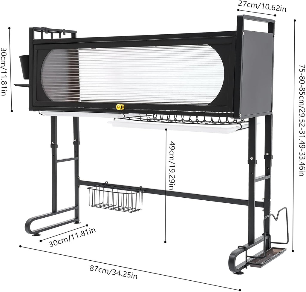 3 Tier Over The Sink Dish Drying Rack W/Clear Cabinet Door, Adjustable Dish Drainer Rack, Black