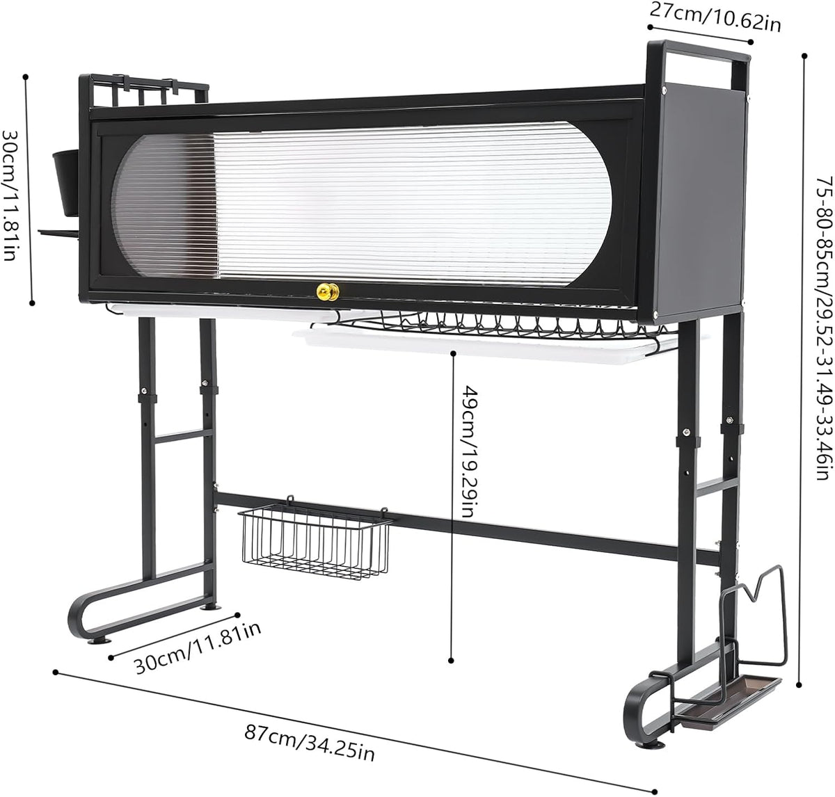 3 Tier Over The Sink Dish Drying Rack W/Clear Cabinet Door, Adjustable Dish Drainer Rack, Black