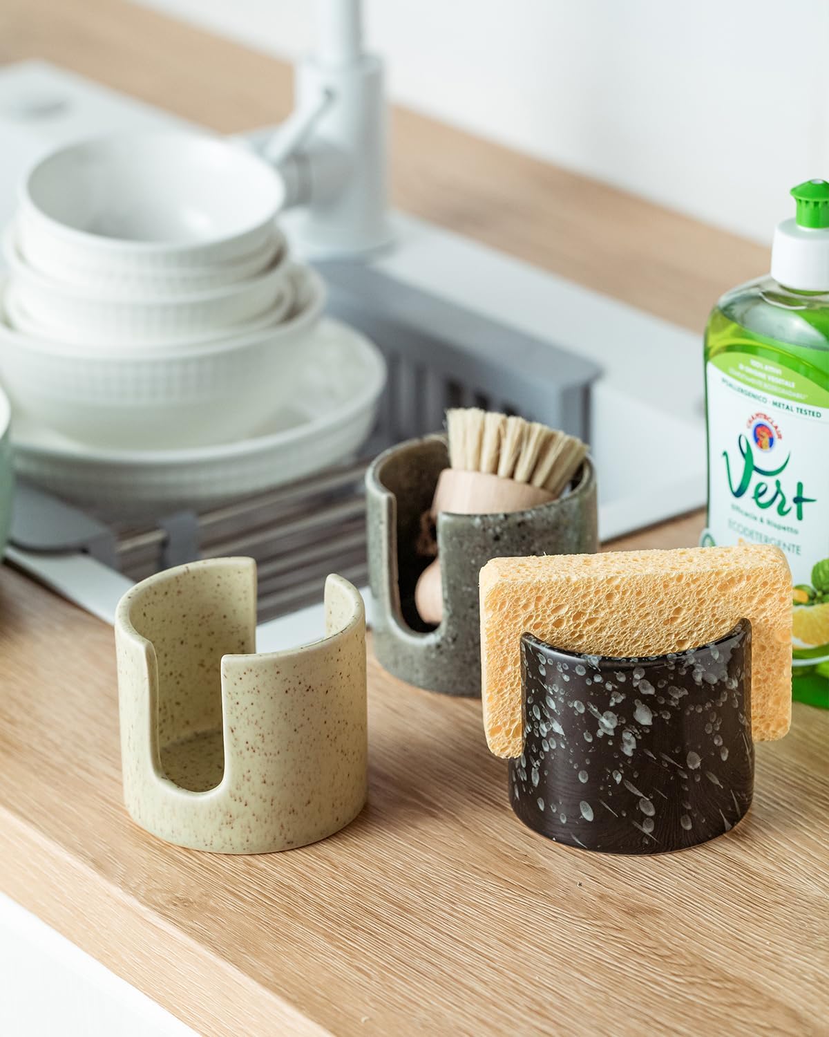Sponge Holder for Kitchen Sink, Ceramic Dish Sponge Holder Sink Caddy Compact Scrubby Daddy Kitchen