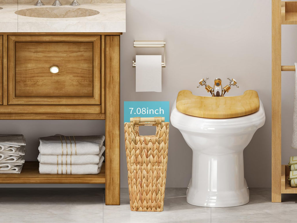 6 Gallon Wicker Trash Can with Wooden Handle,Wicker Waste Basket for Bathroom,Bedroom,Large Narrow