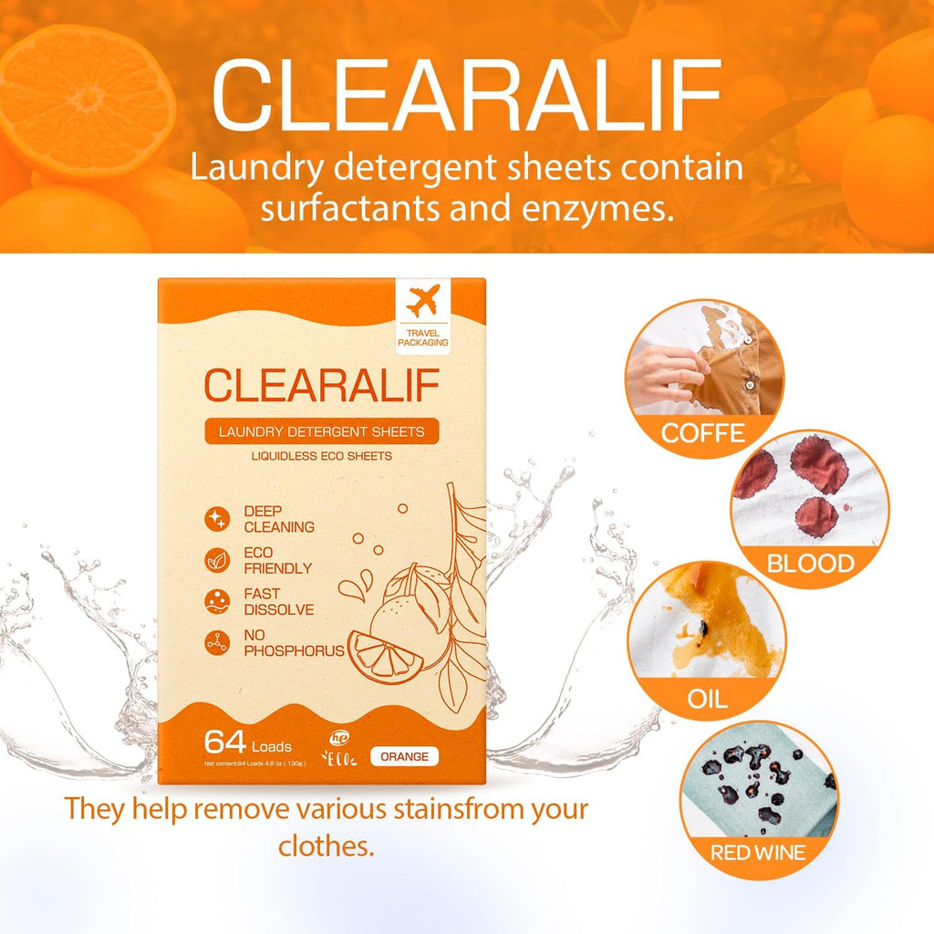 CLEARALIF Laundry Detergent Sheets, Orange, 64 Load, CLEARALIF Laundry Detergent Strips Eco