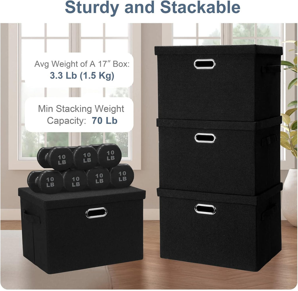 Large 17" 36 Quart Collapsible Stackable Storage Bins with Lids, 5 Packs Black Linen Fabric Closet