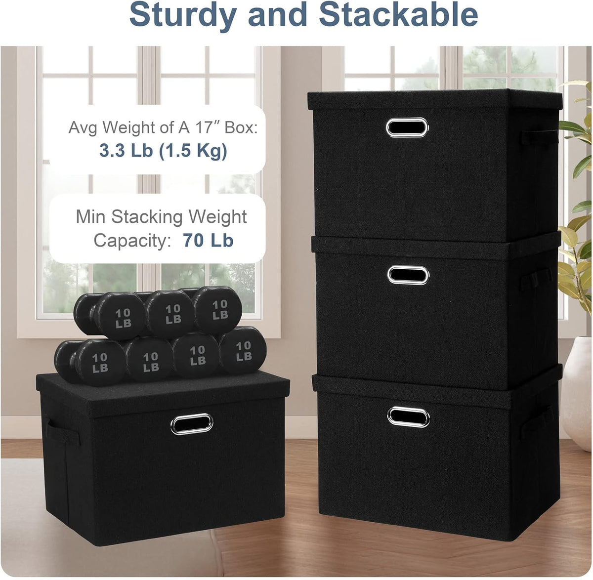 Large 17" 36 Quart Collapsible Stackable Storage Bins with Lids, 1 Pack Black Foldable Fabric