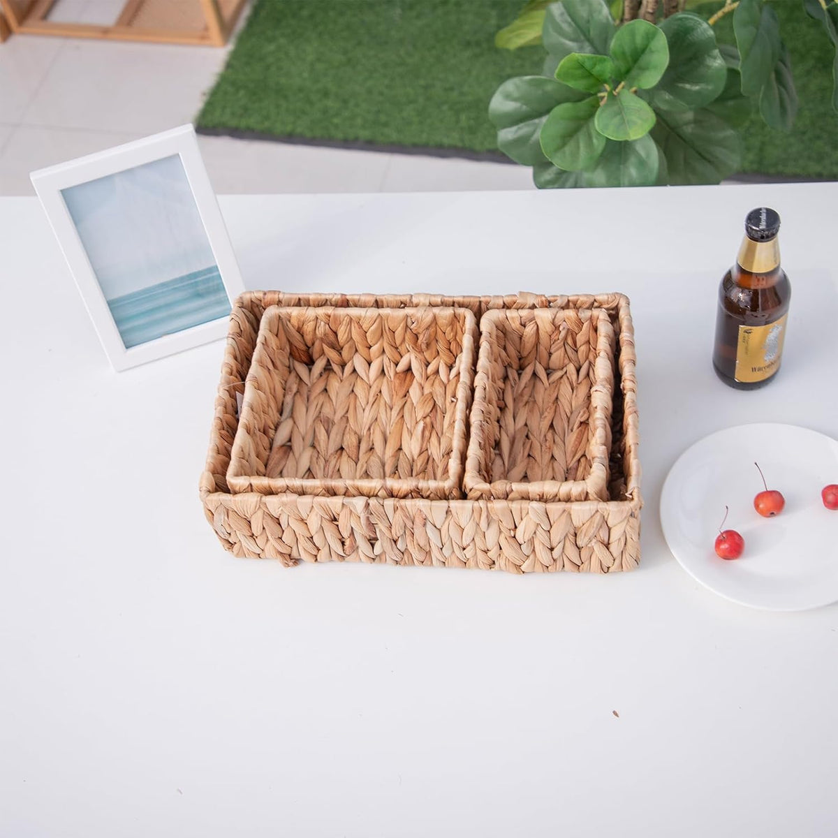 Handwoven Wicker Storage Baskets Set, Natural water hyacinth & Iron Frame | Triple Sizes (Small