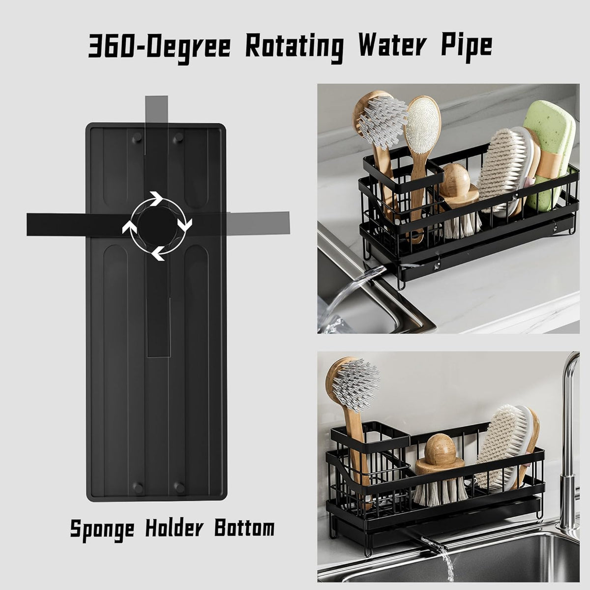Large Sponge Holder for Sink, Stainless Steel Sink Caddy Organizer with Rotatable Spout - Kitchen