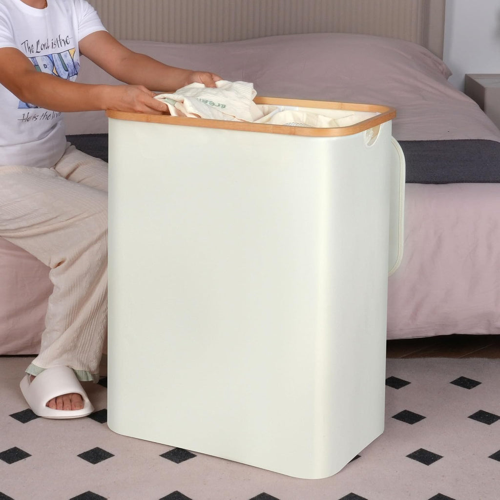 efluky Laundry Hamper with Lid, 160L Tall Laundry Basket with Bamboo Handles for Clothes and Toys