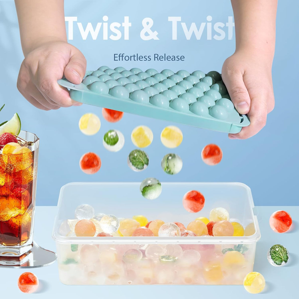 WIBIMEN Ice Cube Tray with Lid and Bin - Round Ice Trays for Freezer with Lid - Ice Cube Trays for