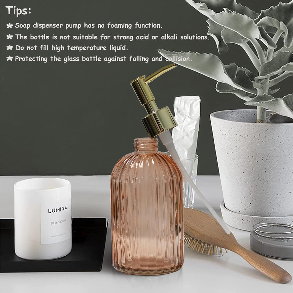 Glass Soap Dispenser with Gold Plastic Pump, 13.5oz Refillable Liquid Hand Soap Dispenser, Crystal