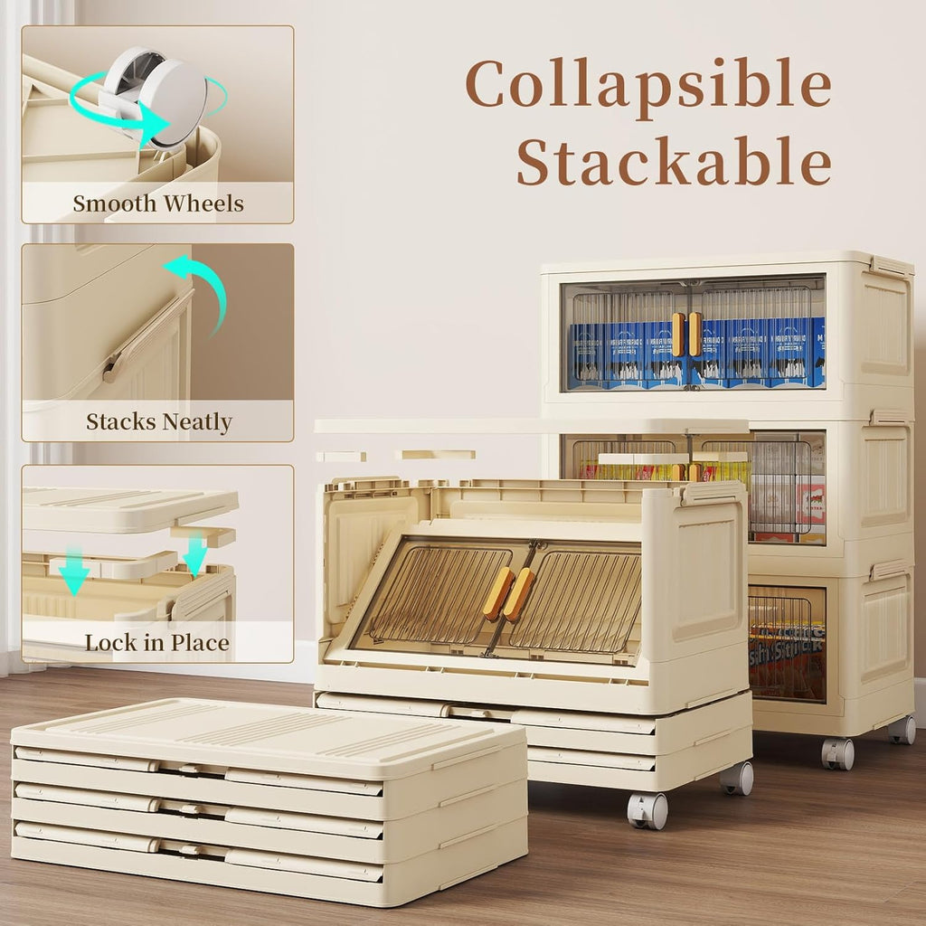 3 Tier Stackable Plastic Storage Bins with Lids 48QT, Collapsible Closet Organizers and Storage