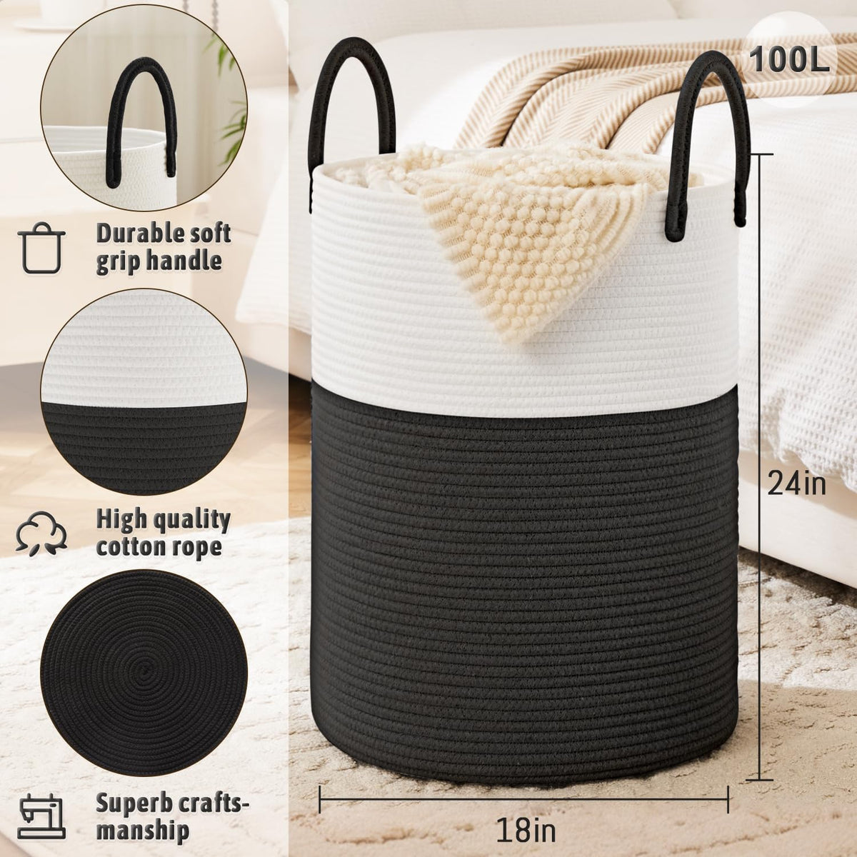 Laundry Basket,Woven Cotton Rope Laundry Hamper,100L for Decorative Storage of Dirty Clothes,Toys
