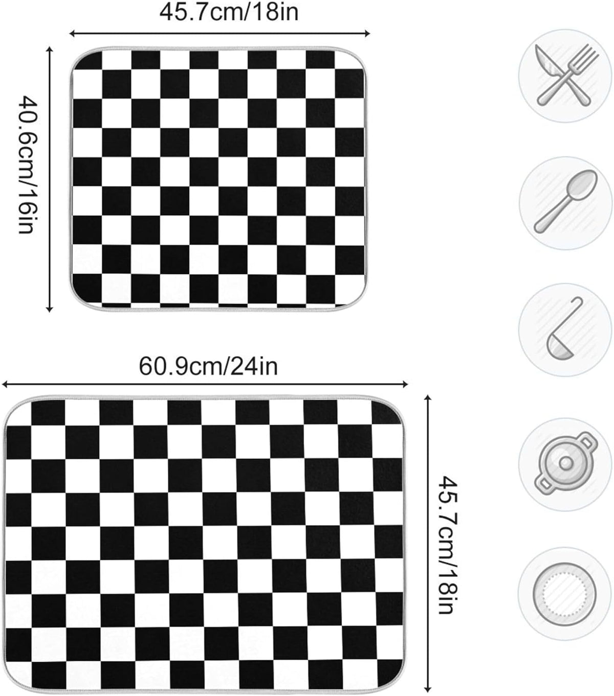 Black White Chessboard Dish Drying Mat for Kitchen Countertop 16x18 Plaid Checkered Rectangle Small
