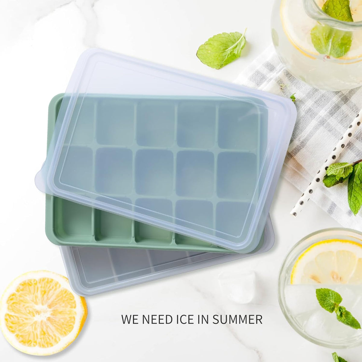 Ice Cube Trays Set of 2, Easy Release 15 Flexible Silicone Ice Cube Molds with Removable Lid