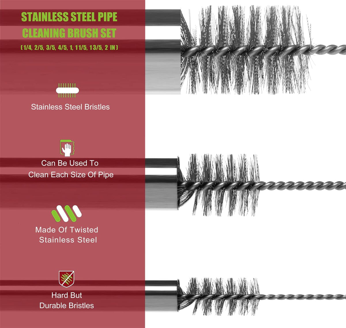 16 Inch Extra Long Pipe Cleaning Brush Set Stainless Steel Bristles, Stainless Steel Pipe Brush