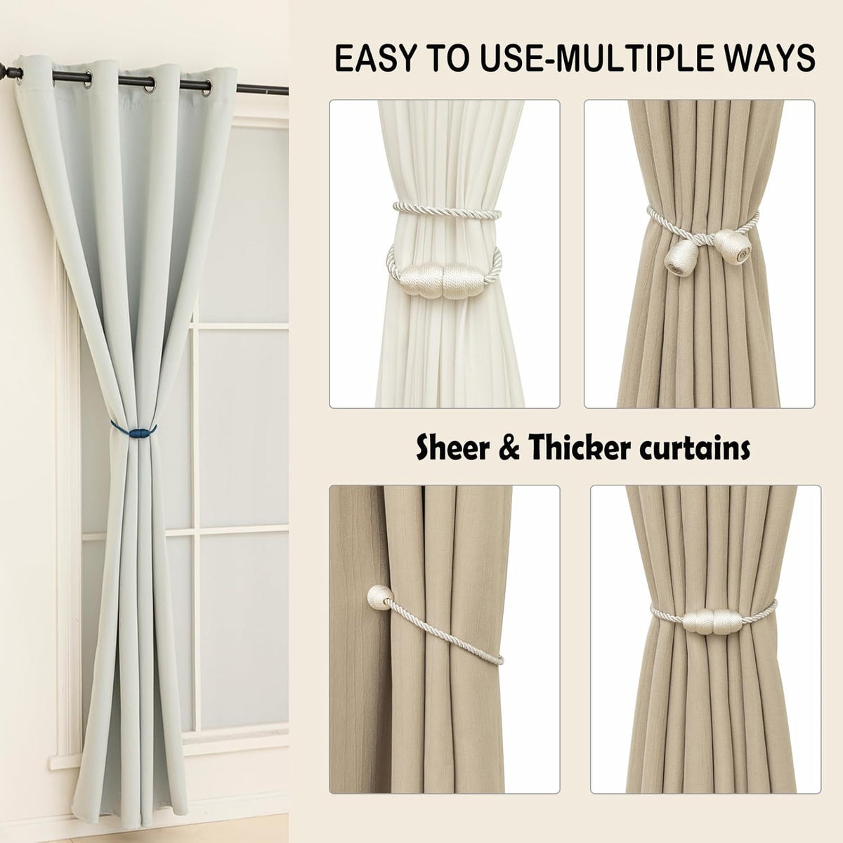 Magnetic Curtain Tiebacks Rope Tie Backs 2 Pack Curtains Holders for Drapes Decorative Window