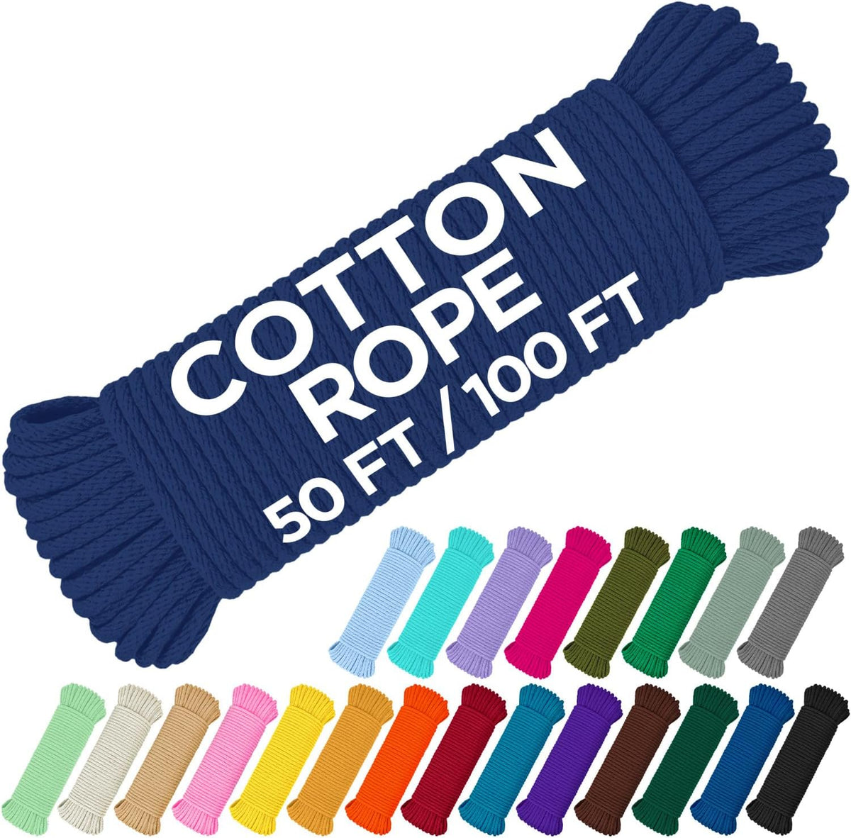 TECEUM Cotton Rope 3/16” (5 mm) – 50 FT – Strong All-Purpose Braided Rope – Natural Cotton – for