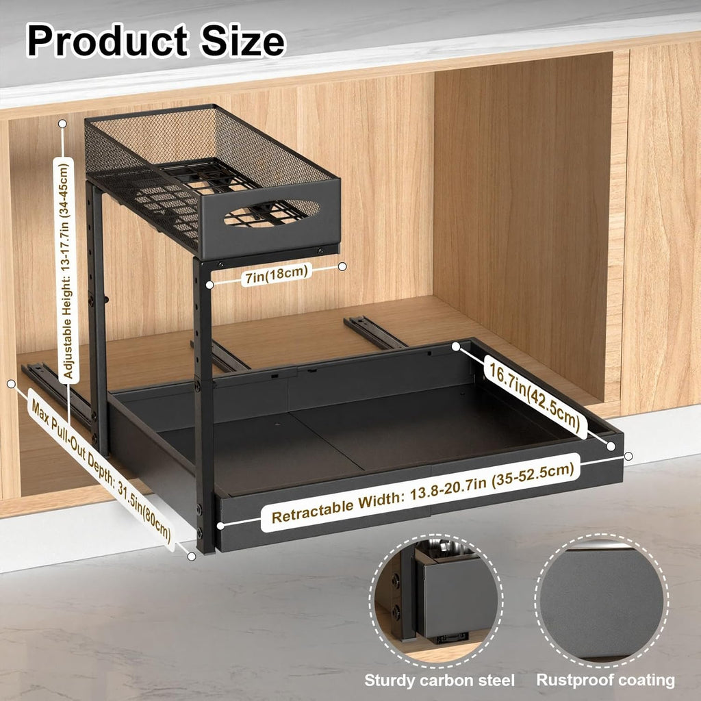 Housolution Under Sink Organizer, 13"-20" Width Expandable, 13"-17" Height Adjustable, 2 Tier Metal