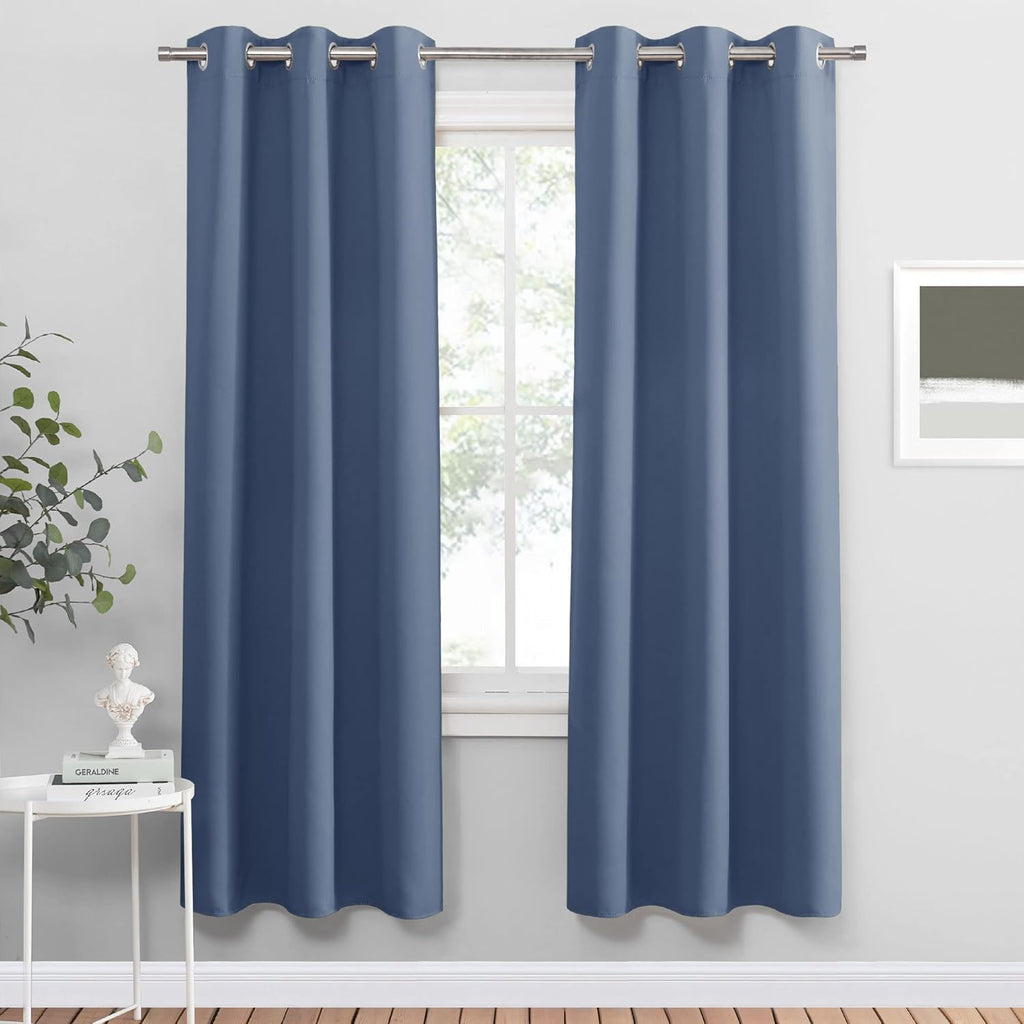 PONY DANCE Stone Blue Blackout Curtains for Bedroom 63 Inch Length 2 Panels Set, Thermal Insulated