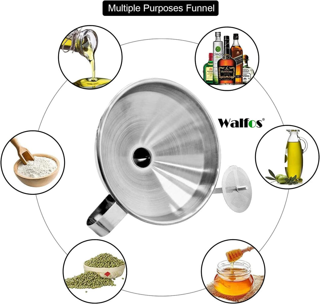 Large Stainless Steel Funnel, Walfos Kitchen Funnel with 2 Removable Strainer ＆ 1Pc Cleaning Brush