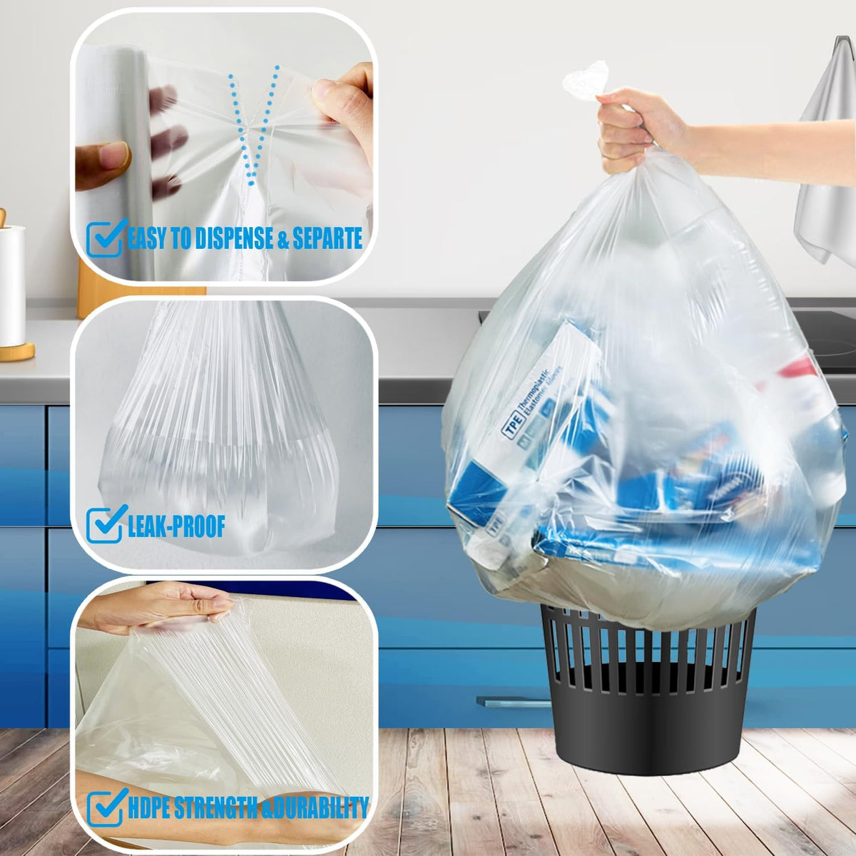 4-6 Gallon Trash Bags, 300 Count Bulk, Clear Plastic Recycling Bags, Multi-purpose Garbage Bags for