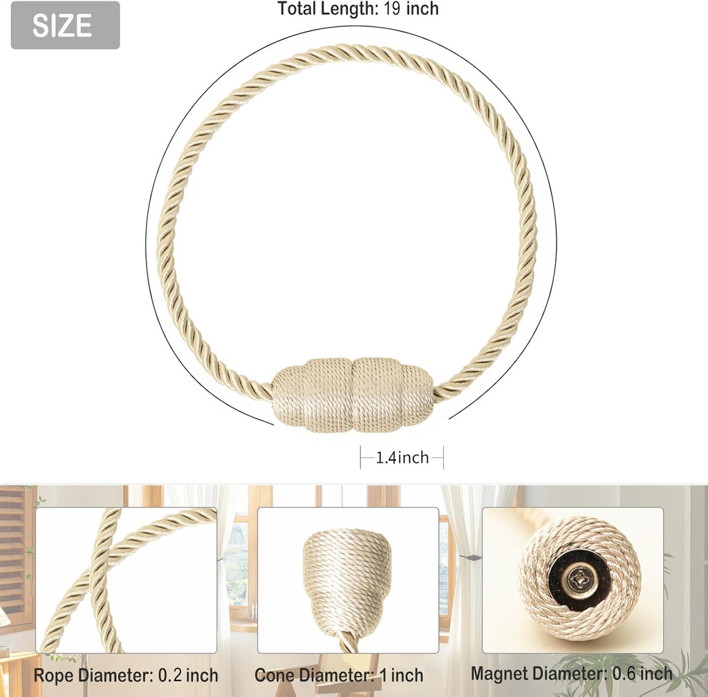 Magnetic Curtain Tiebacks - Rope Tiebacks for Curtains & Drapes, Decorative Window Holdbacks (2