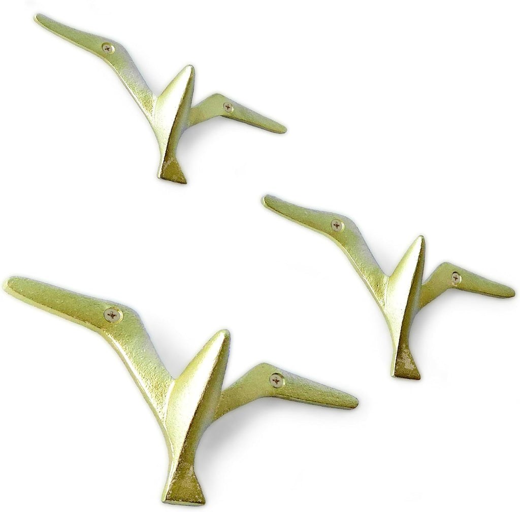 Ambipolar Iron Cast Decorative Gull Bird Wall Mounted Coat Hooks, Set of 3 (Gold)