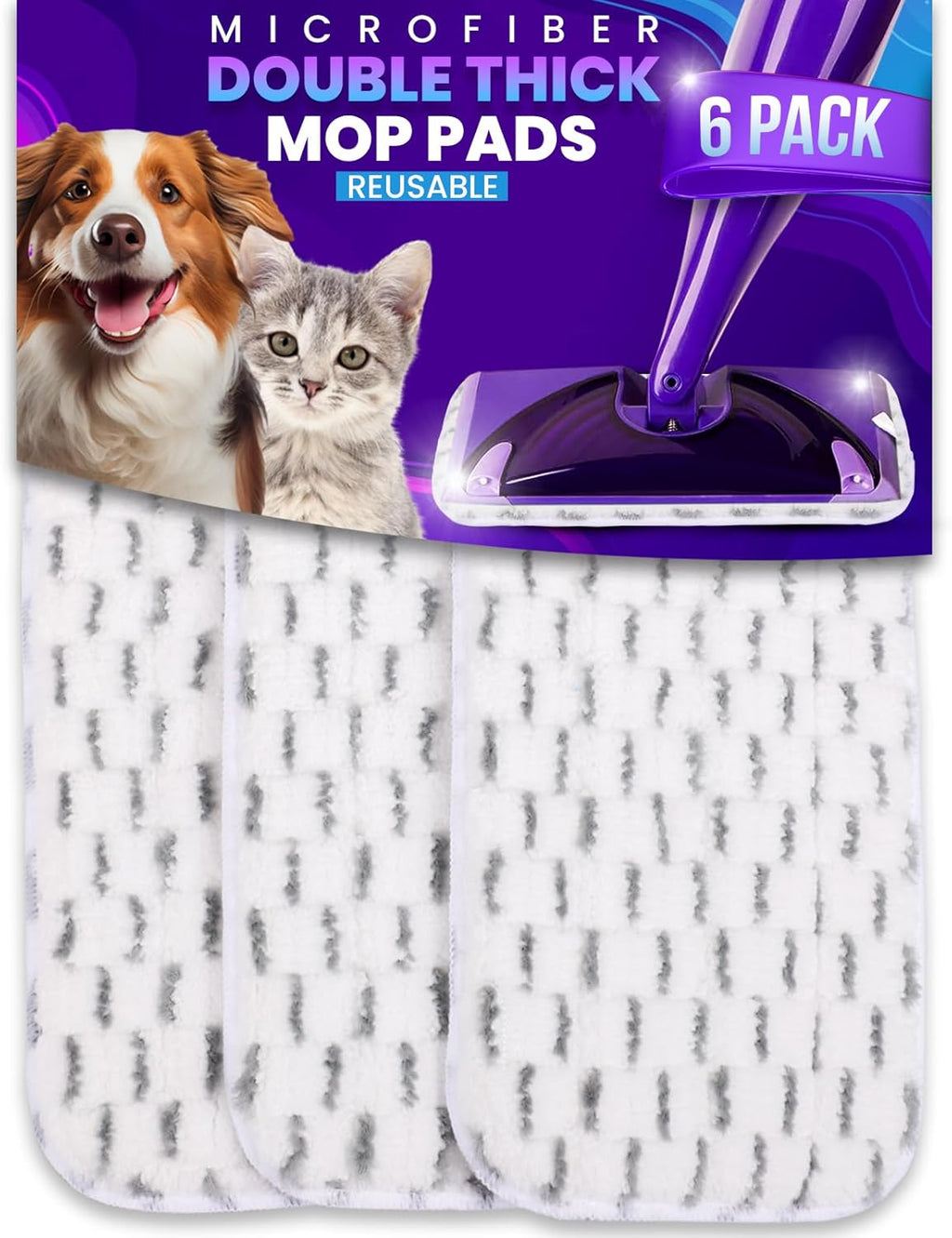 6pcs of Universal 11-inch Velcro Type Reusable Floor Mop Pads Compatible with Swiffer Wet Jet