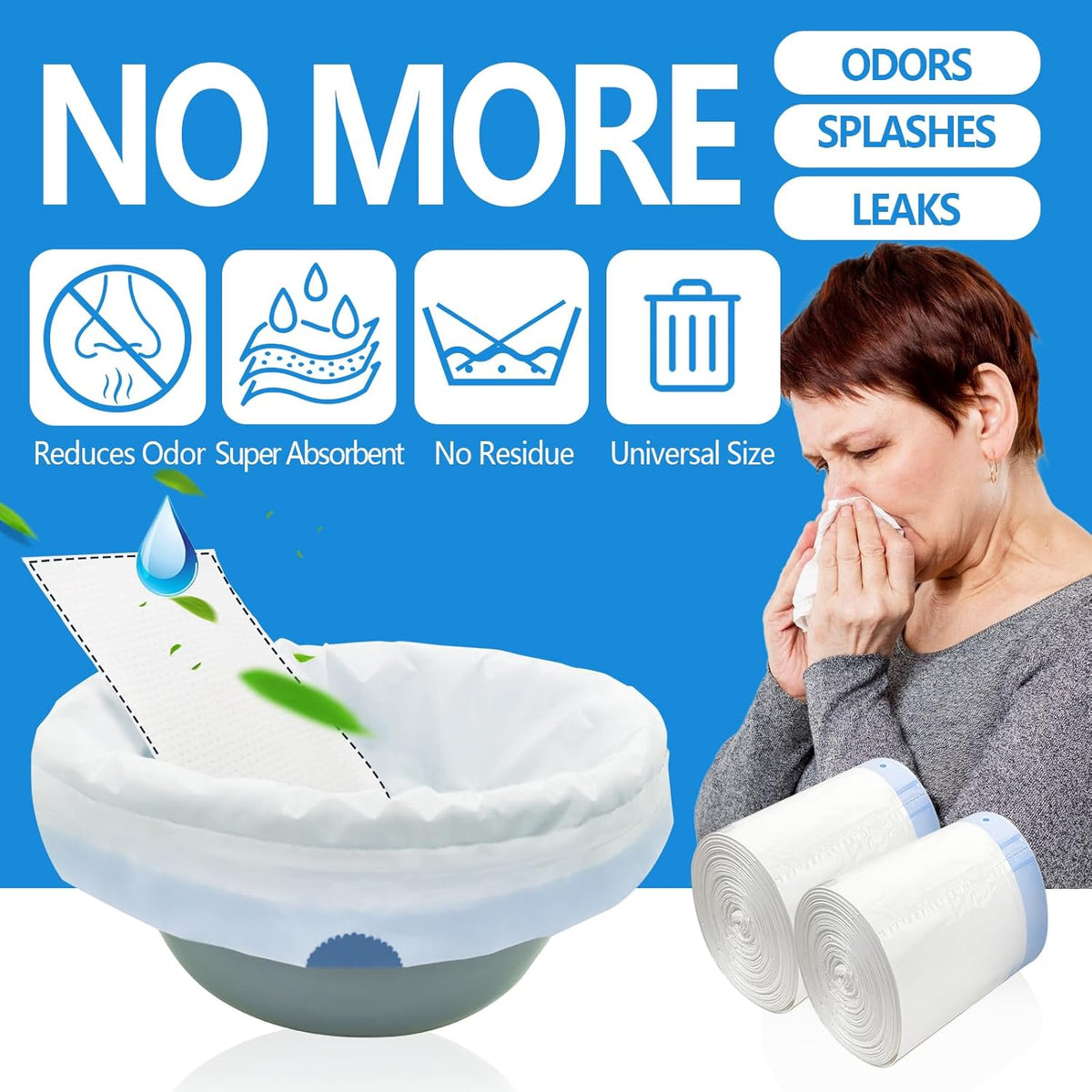 Commode Liners with Highly Absorbent Pads - [Pack of 60] - Bedside Commode Liners Disposable