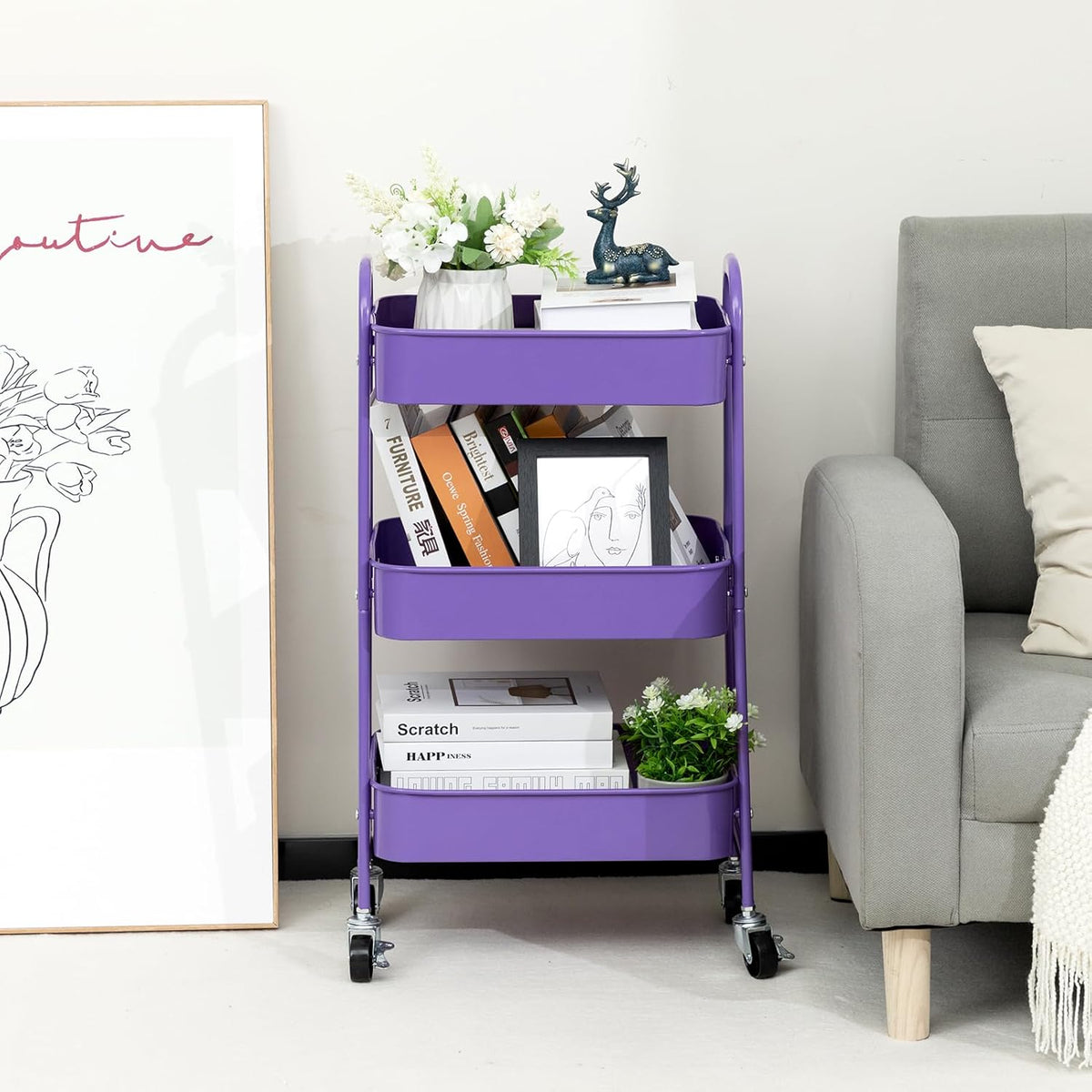 AGTEK Makeup Cart, Movable Rolling Organizer Cart, 3 Tier Metal Utility Cart with Lockable Wheels