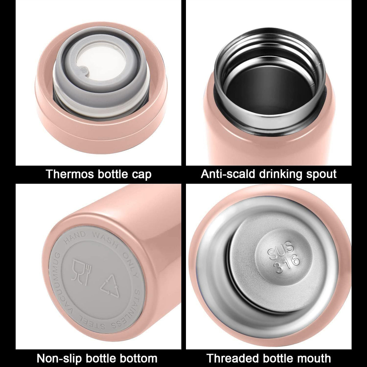 Mini Thermos Cute Water Bottle - 7 oz Tiny Insulated Vacuum 18/10 Stainless Steel Small Flask