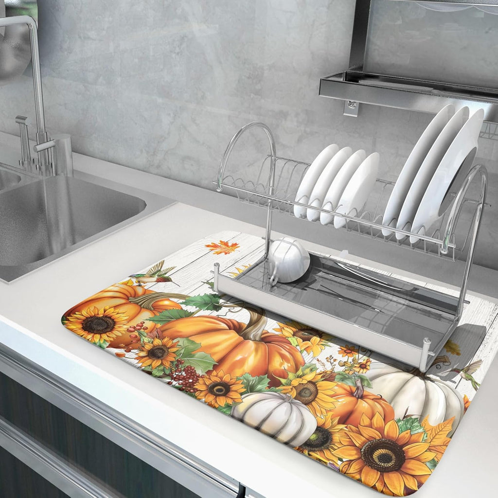 Autumn Harvest Pumpkin Dish Drying Mat for Kitchen Counter Sunflower Maple Leaves Fall Dish Drying