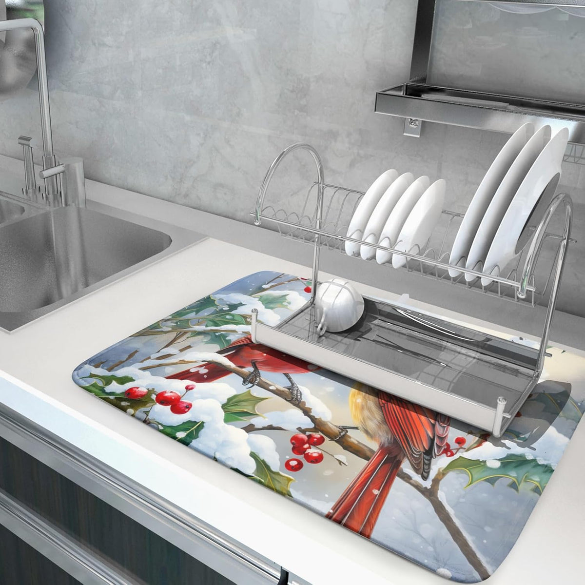 Winter Cardinal Birds Dish Drying Mat, Holly Berry Branches Dish Drying Mat for Kitchen Counter