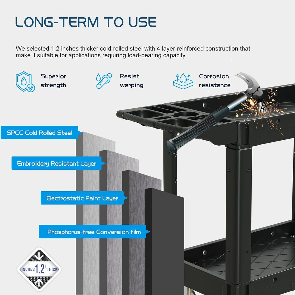 2 Shelf Heavy Duty Plastic Utility Cart, Service Cart Tub Storage W/Deep Shelve Holds up to 1000