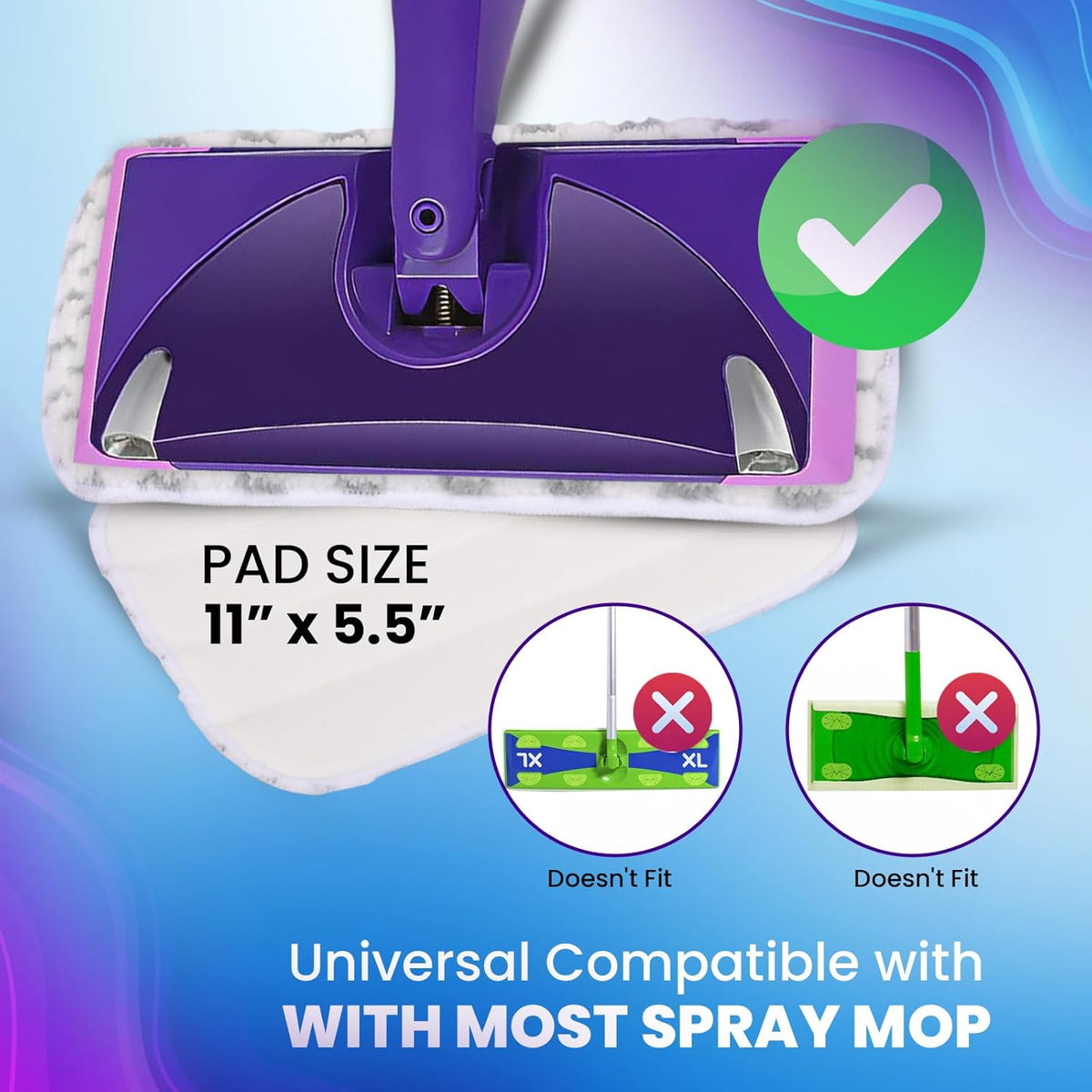 6pcs of Universal 11-inch Velcro Type Reusable Floor Mop Pads Compatible with Swiffer Wet Jet