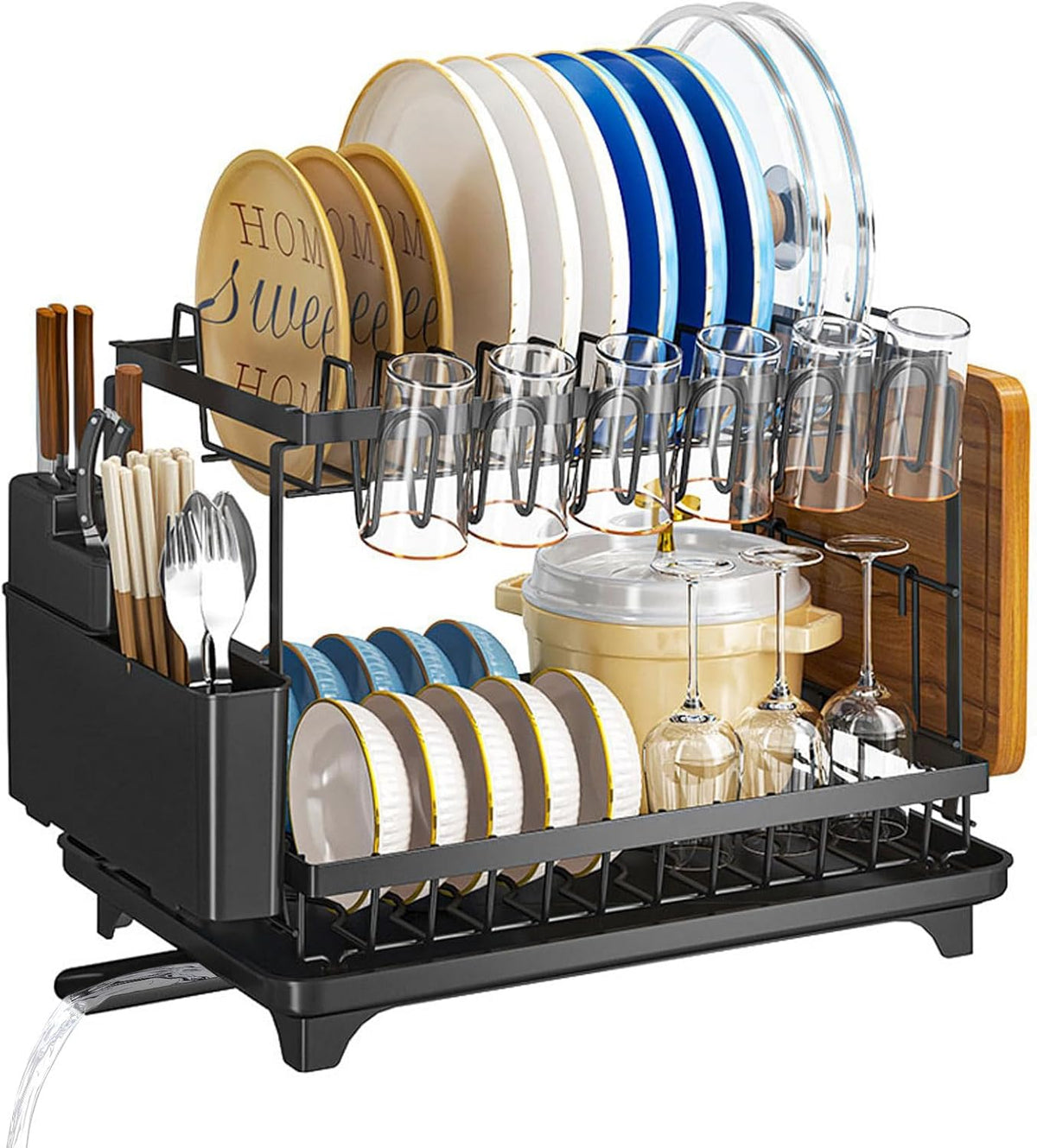 Dishes Drying Rack, 2-Tier Tableware Drying Rack with Draining Board, Space-Saving Design, Suitable