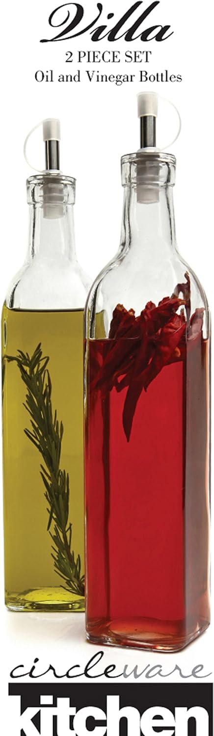 Circleware Villa Olive Oil and Vinegar Glass Dispenser Bottles, Set of 2, 16 oz., Clear