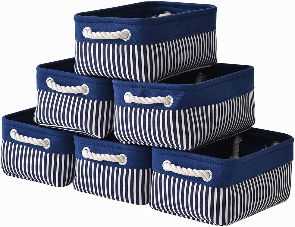 TcaFmac Small Storage Baskets [6 Pack] - Navy Blue Rectangular Storage Bins with Blue Stripes