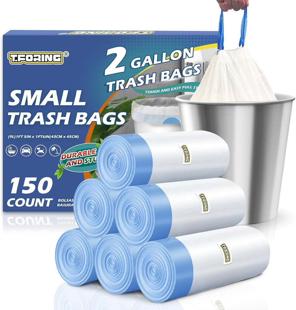 150 Count 2 Gallon Trash Bags Drawstring - 0.96 Mil Small Garbage Bags Unscented,Heavy Duty Trash