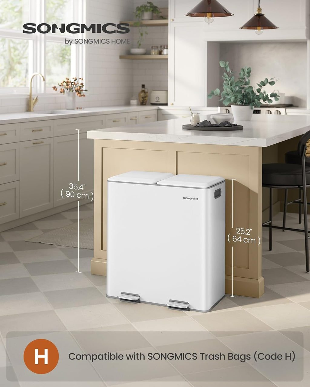 SONGMICS Trash Can, 2 x 8 Gallon (2 x 30 L) Double Garbage Can with Soft-Close Lids, Removable
