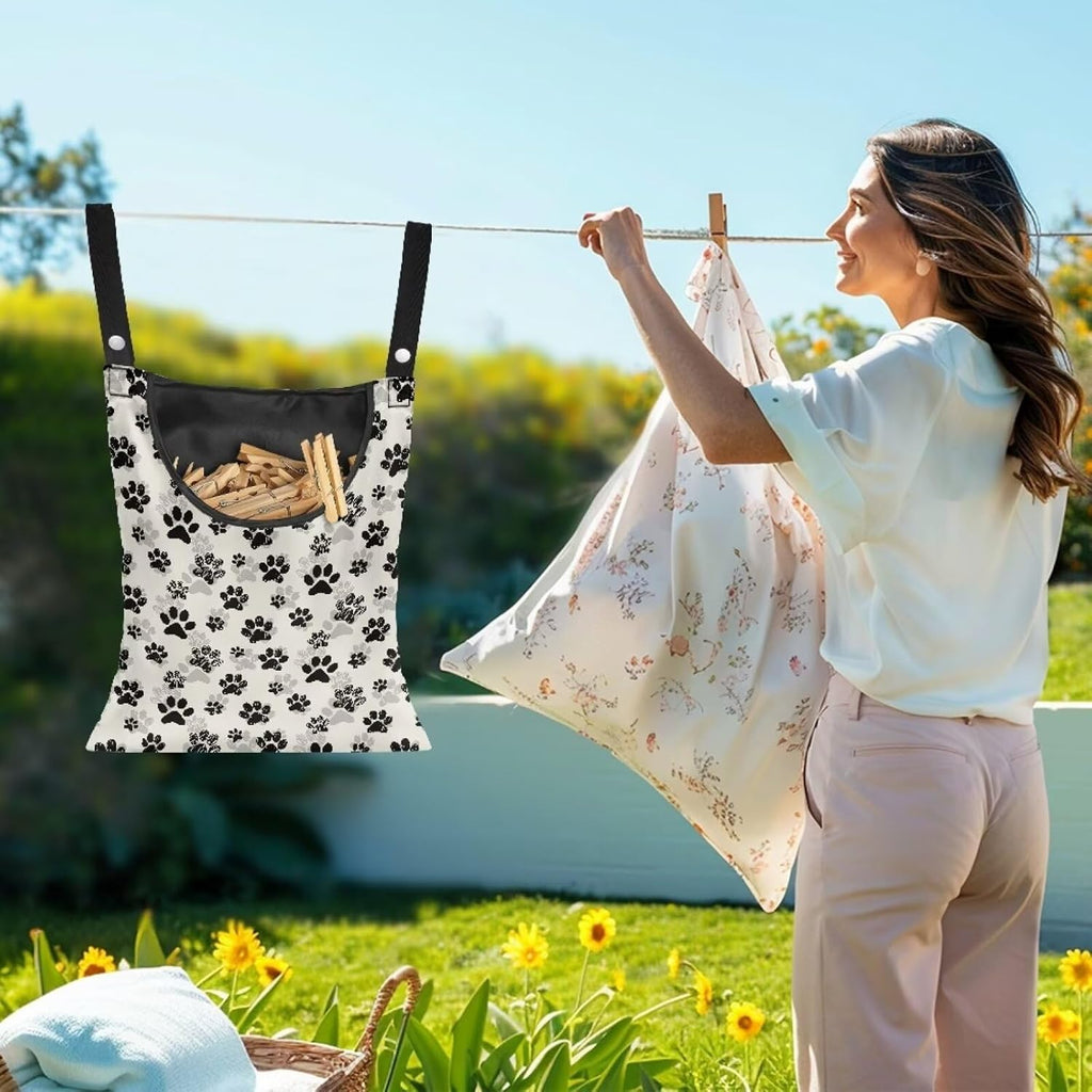 Dog Paw Print Clothespin Bag with Hanging Hook Summer Laundry Clothes Pin Holder Waterproof Clothes